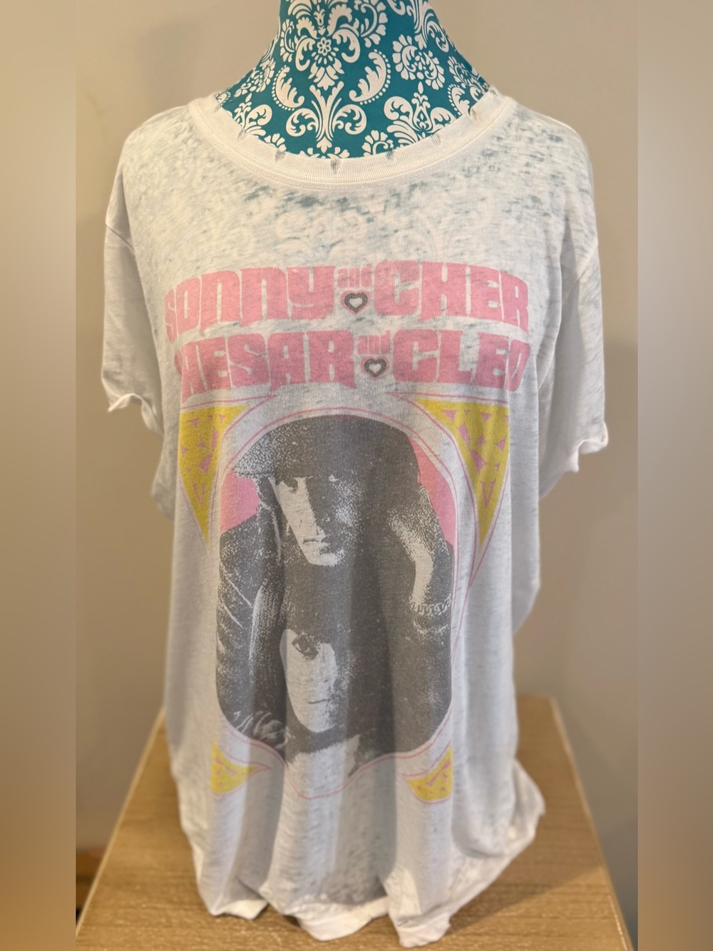 Recycle Karma Brand Graphic Band Burnout Tee with Pink & Yellow Print